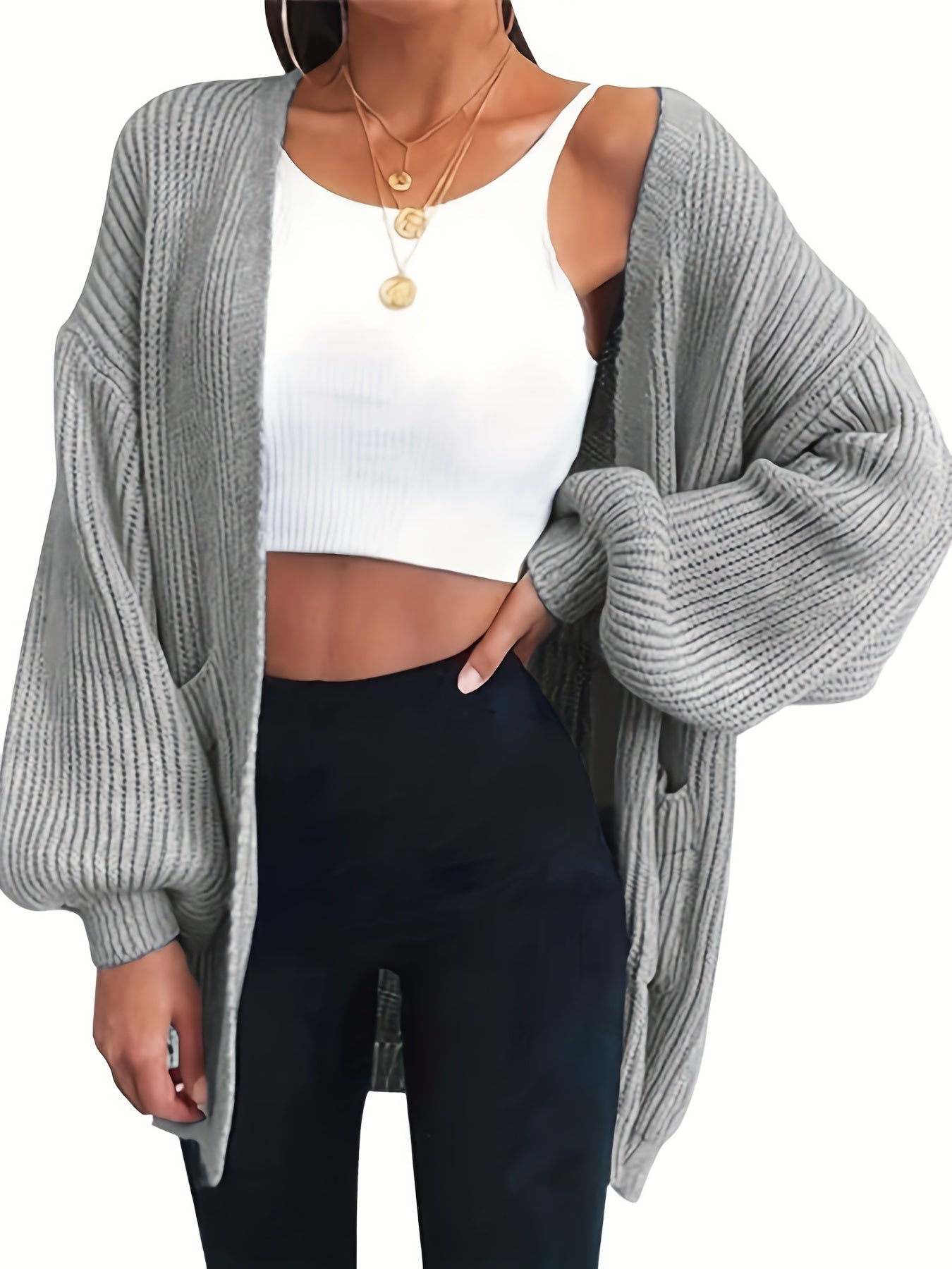  Casual Cardigan Lantern Sleeve Open Front Sweater Cardigan