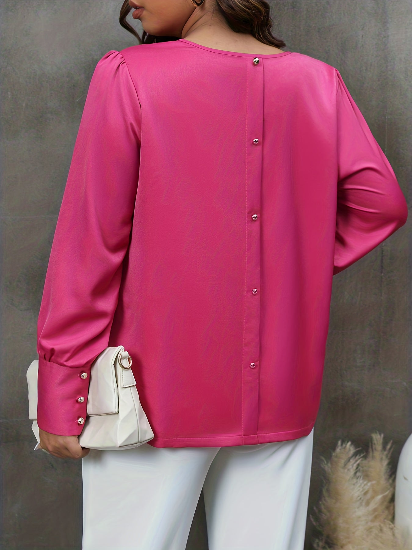  Solid Long Sleeve Round Neck Button Decor Blouse