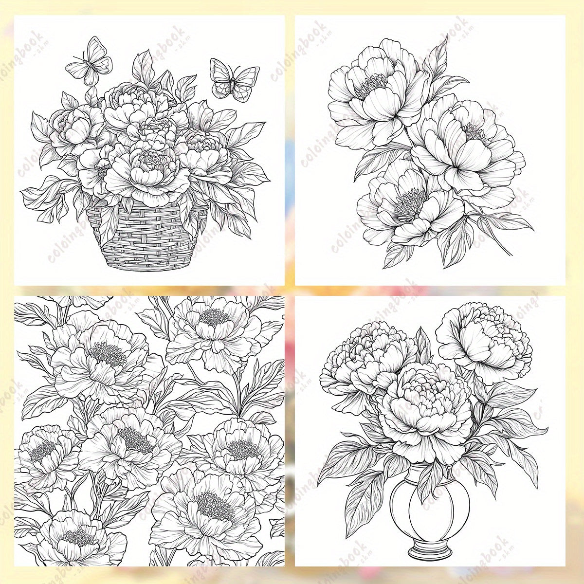HQY Deluxe Peony Painting Coloring Book 22 Pages