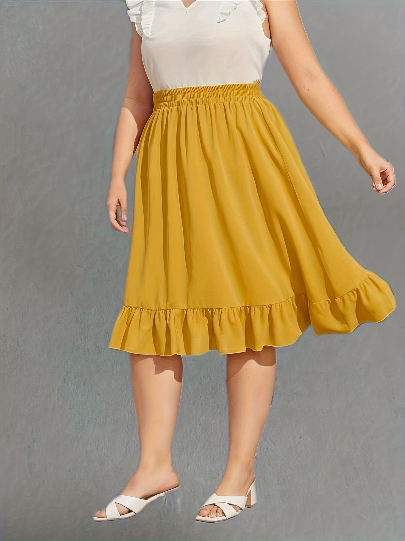  Casual Skirt Women's Plus Solid Ruffle Trim Midi Skirt