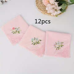 Vintage Floral Embroidered Handkerchiefs Soft Pink Beige Light Purple