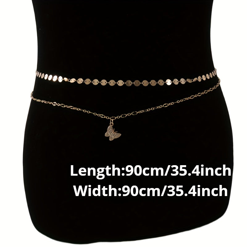 Double Layer Golden Waist Chain Rhinestone Decor Butterfly Pendant