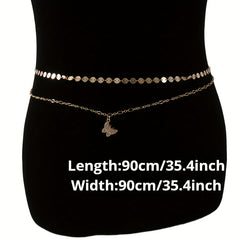 Double Layer Golden Waist Chain Rhinestone Decor Butterfly Pendant
