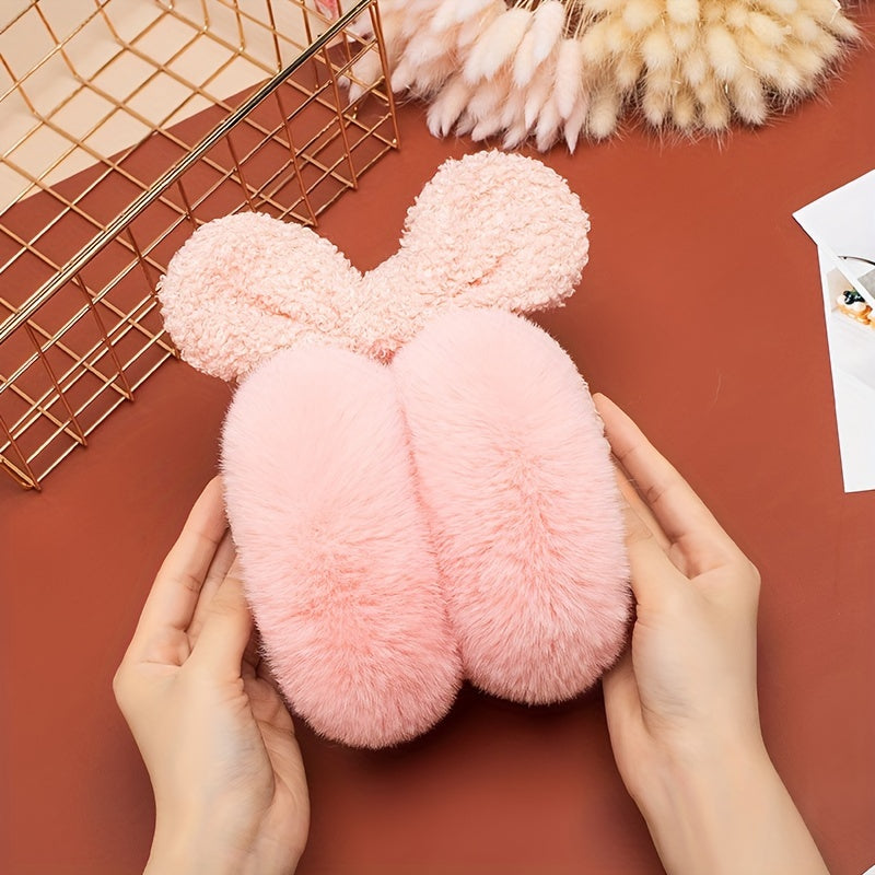 Women's Plush Teddy Bear Ear Warmers Soft Pink Cold Weather