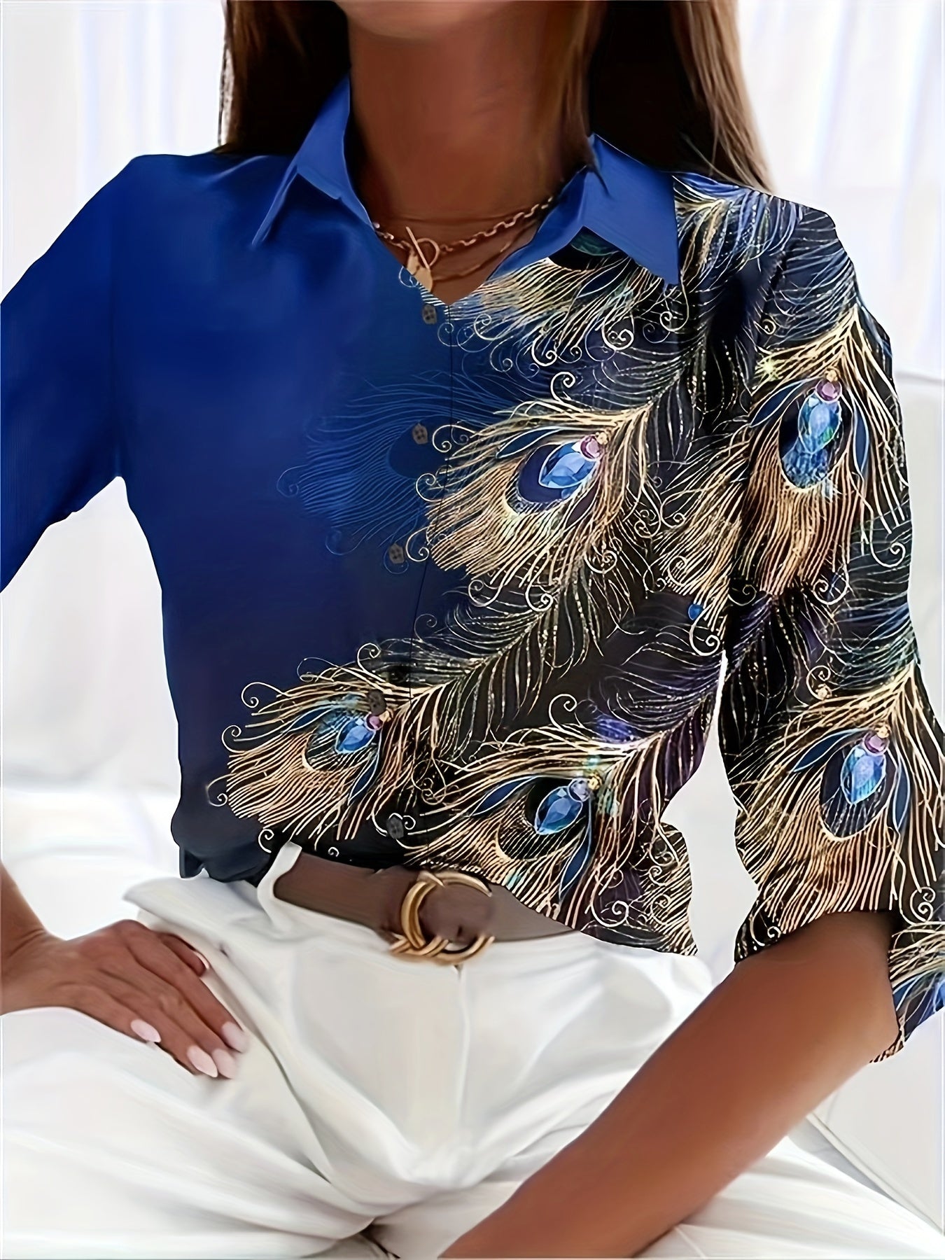  Feather Print Button Up Long Sleeve Blouse