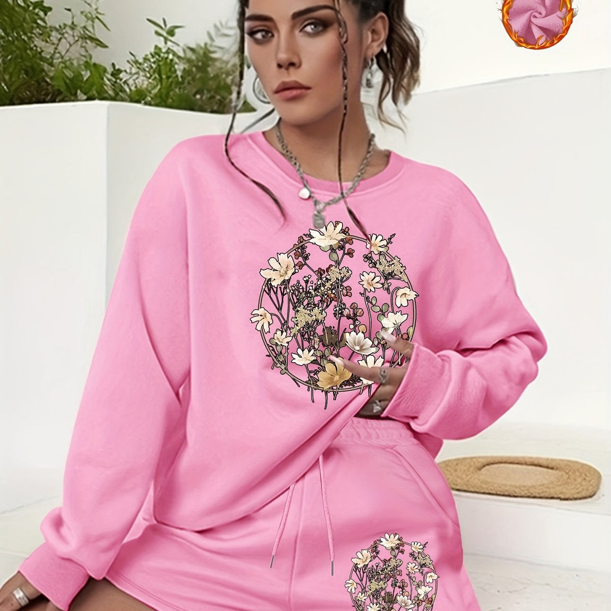  Floral Print Sweatshirt & Shorts 2 Piece Set