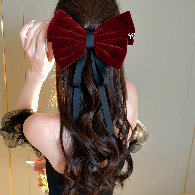 Velvet Hair Bow Barrette Clip with Ribbon for Girls