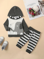 2pcs Baby Boys Elephant Hoodie & Striped Pants Set