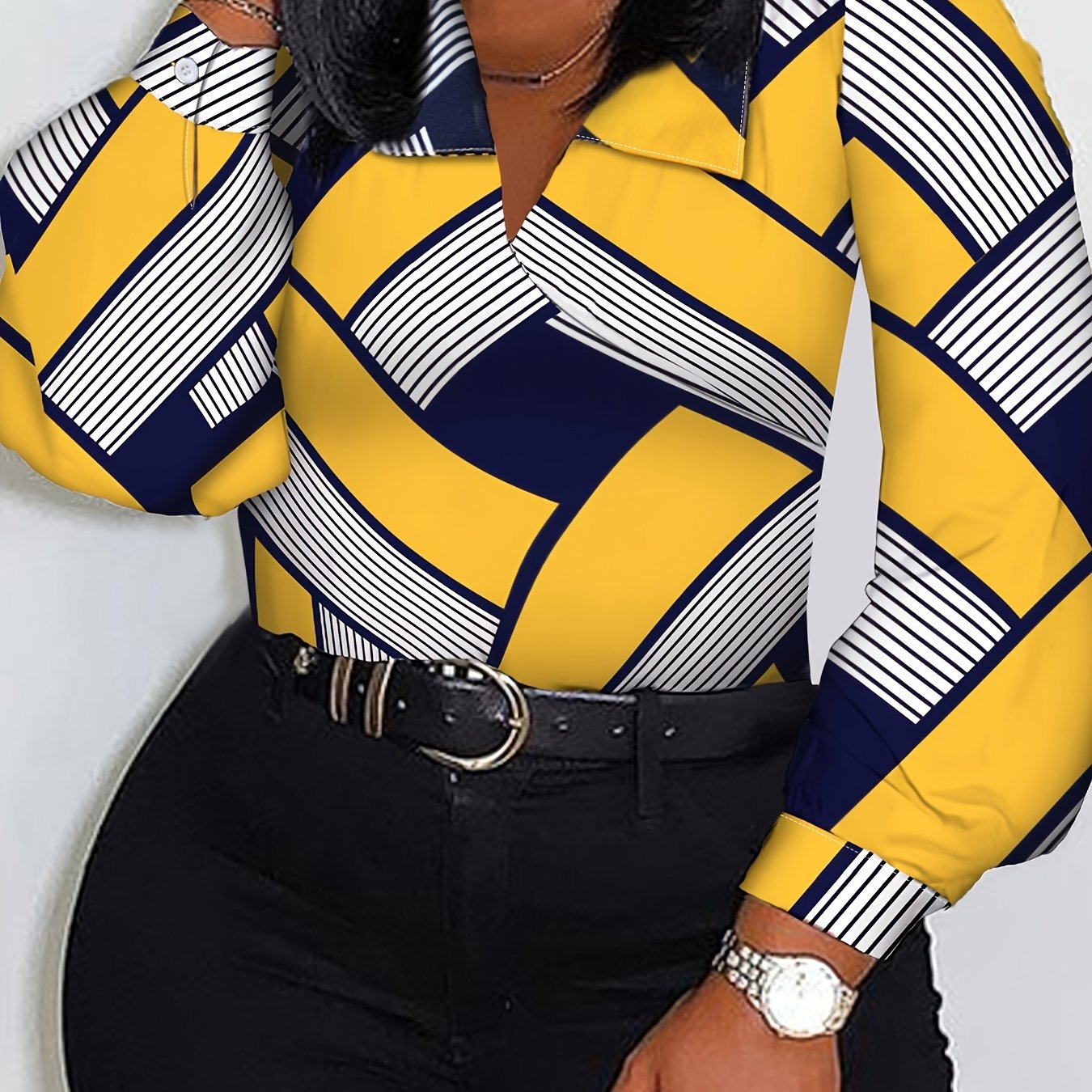  Casual Blouse Women's Plus Colorblock Geometric Print Long Sleeve