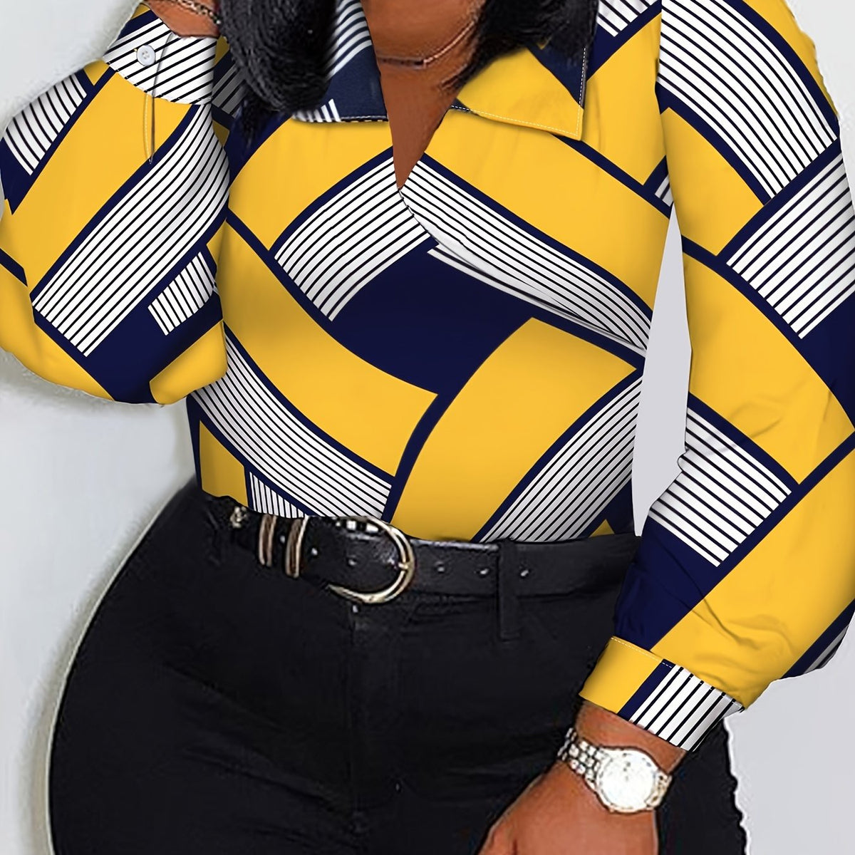  Casual Blouse Women's Plus Colorblock Geometric Print Long Sleeve