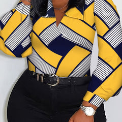  Casual Blouse Women's Plus Colorblock Geometric Print Long Sleeve