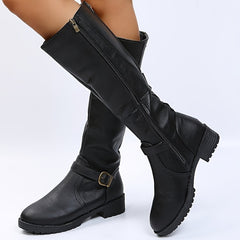 Women's Knee High Riding Boots Chunky Low Heel Buckle Zip Detail Long Boots