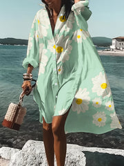  Daisy Print Button Up Long Sleeve Shirt Dress