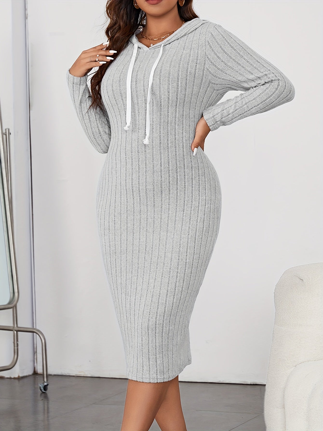  Solid Ribbed Long Sleeve Drawstring Hooded Dress