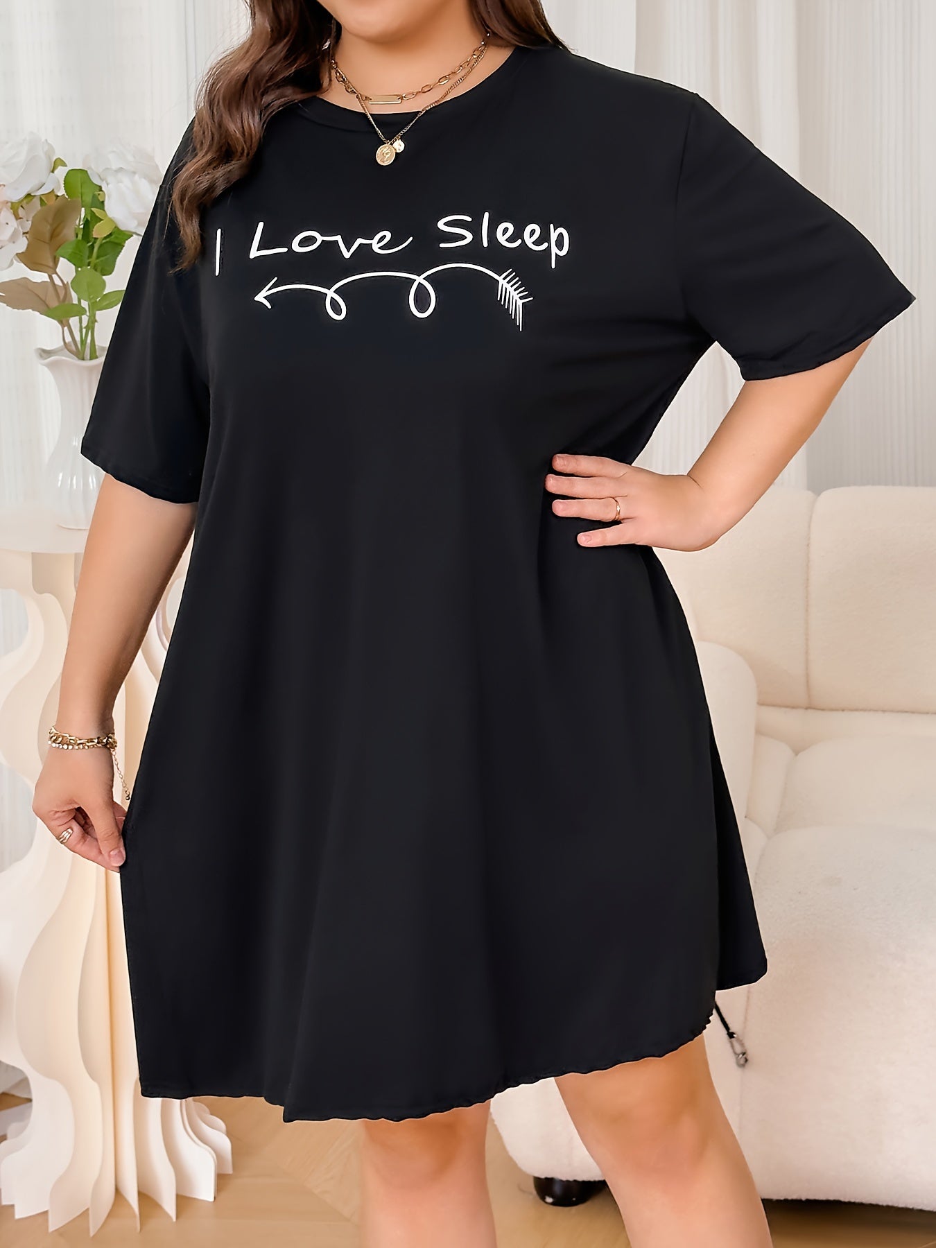  Letter Graphic Nightdress Short Sleeve Sleep Dress