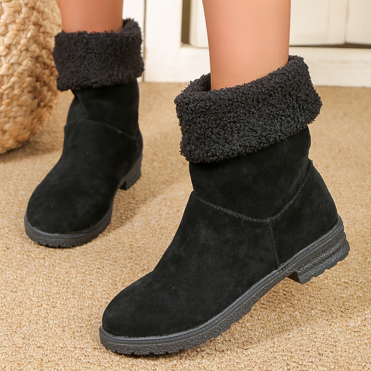 Furry Round Toe Snow Boots Plush Lined Thermal Fall Winter Shoes
