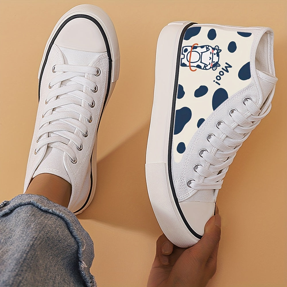 Cow Print Flat Heighten Chunky Canvas Sneakers