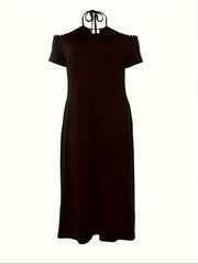  Sexy Dress Women's Plus Solid Beaded Decor Cold Shoulder Cut Out Front