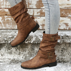 Women's Buckle Strap Chunky Heel Cowboy Boots