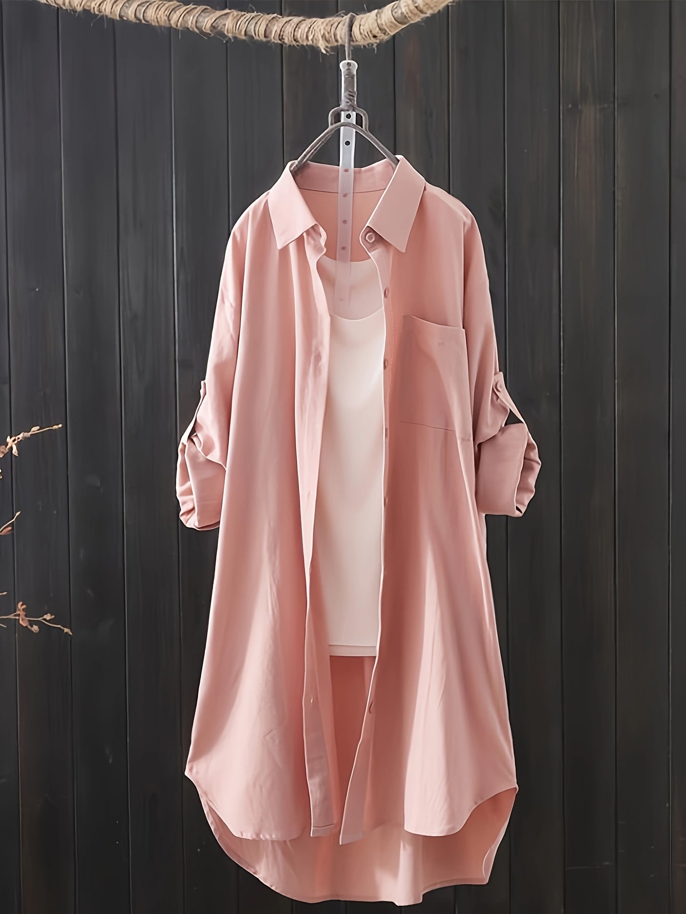 Plus Size Solid Button Up Roll Up Sleeve Blouse
