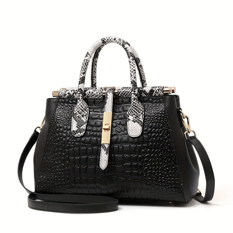 Stylish Snake Pattern Women's Handbag with Golden Tone Hardware