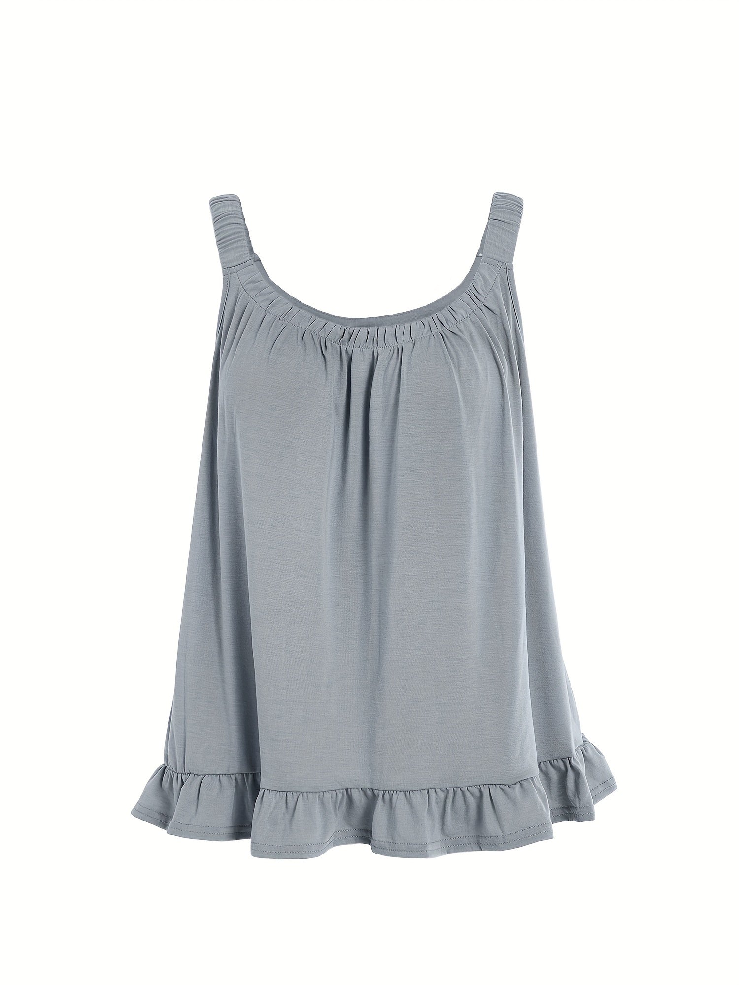 Casual Cami Top Women's Plus Solid Elastic Round Neck Ruffle Trim
