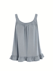  Casual Cami Top Women's Plus Solid Elastic Round Neck Ruffle Trim