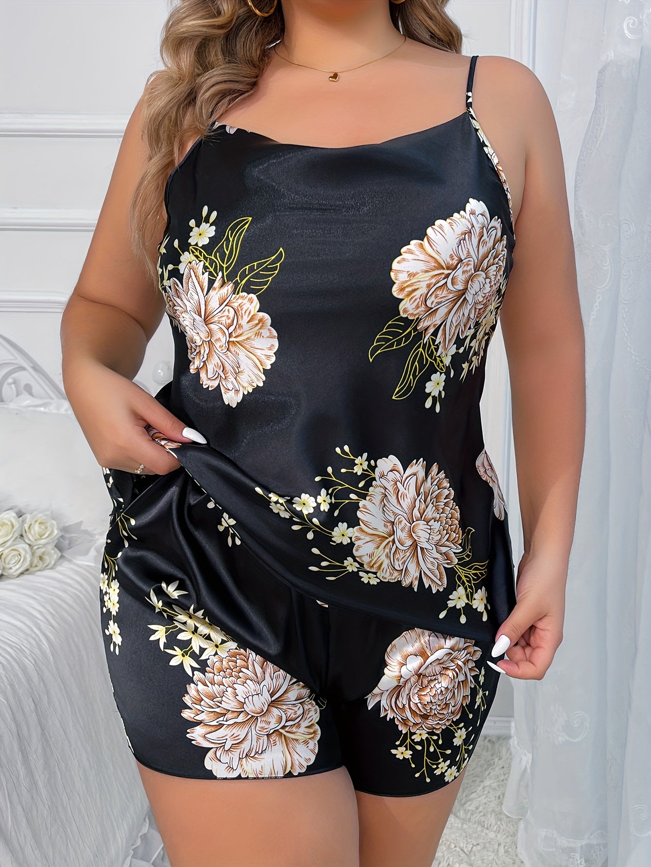  Satin Floral Print Cowl Neck Cami Top & Shorts Lounge Set