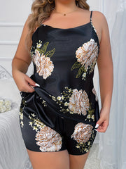  Satin Floral Print Cowl Neck Cami Top & Shorts Lounge Set