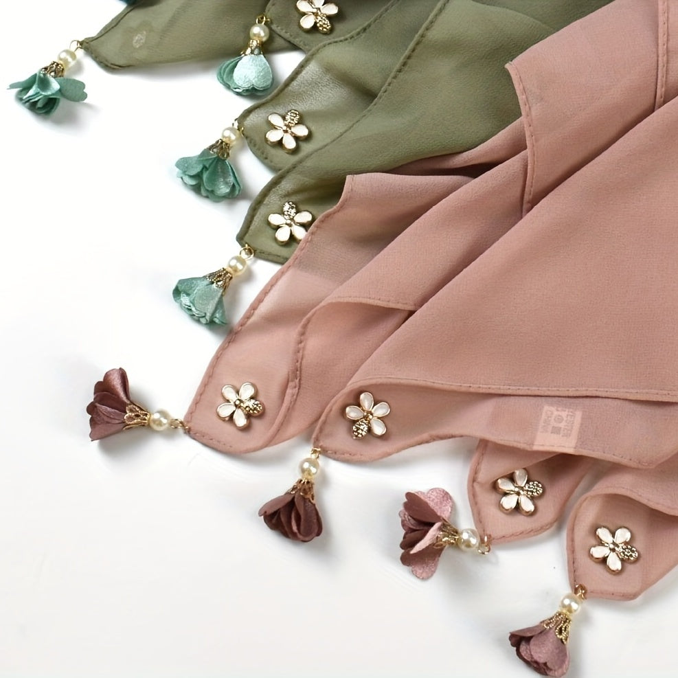 Chiffon Scarf Faux Pearl Flower Tassel Hijab Solid Shawl Windproof Head Wrap