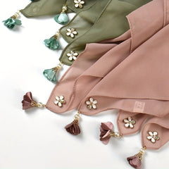 Chiffon Scarf Faux Pearl Flower Tassel Hijab Solid Shawl Windproof Head Wrap