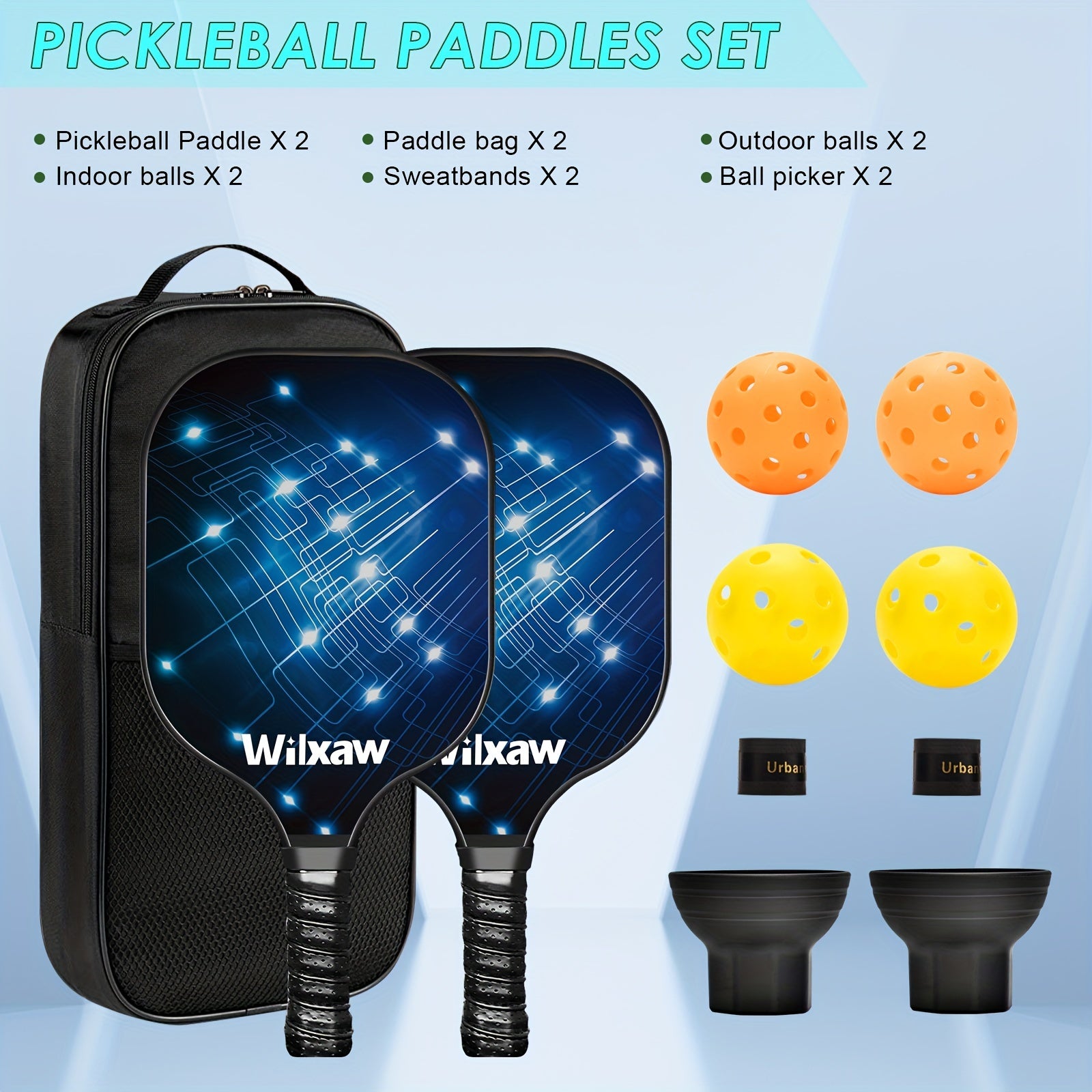 Complete Pickleball Set - Paddles, Balls, Sweatbands, Ball Pickers