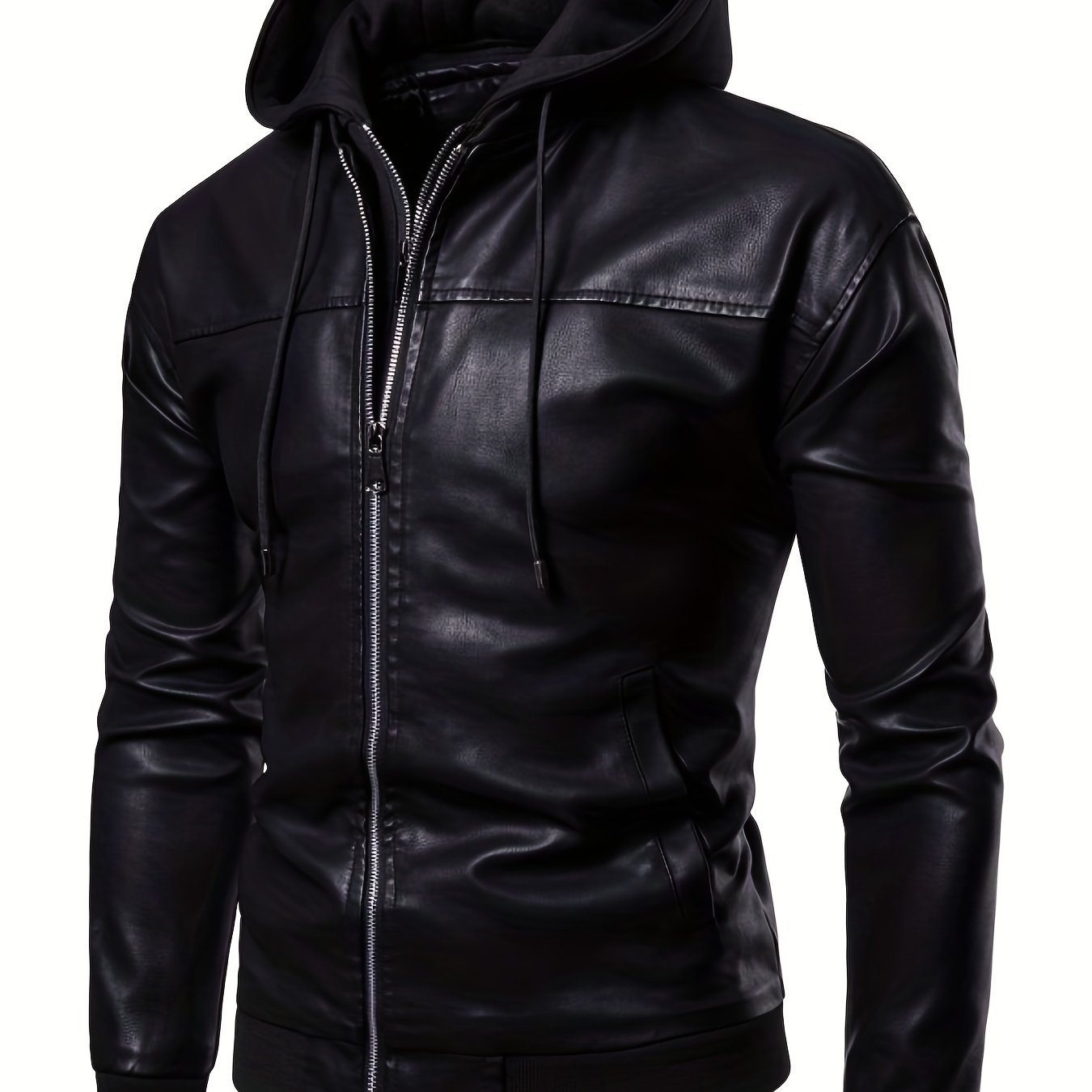 Men's PU Hooded Biker Jacket Zip Up Faux Leather