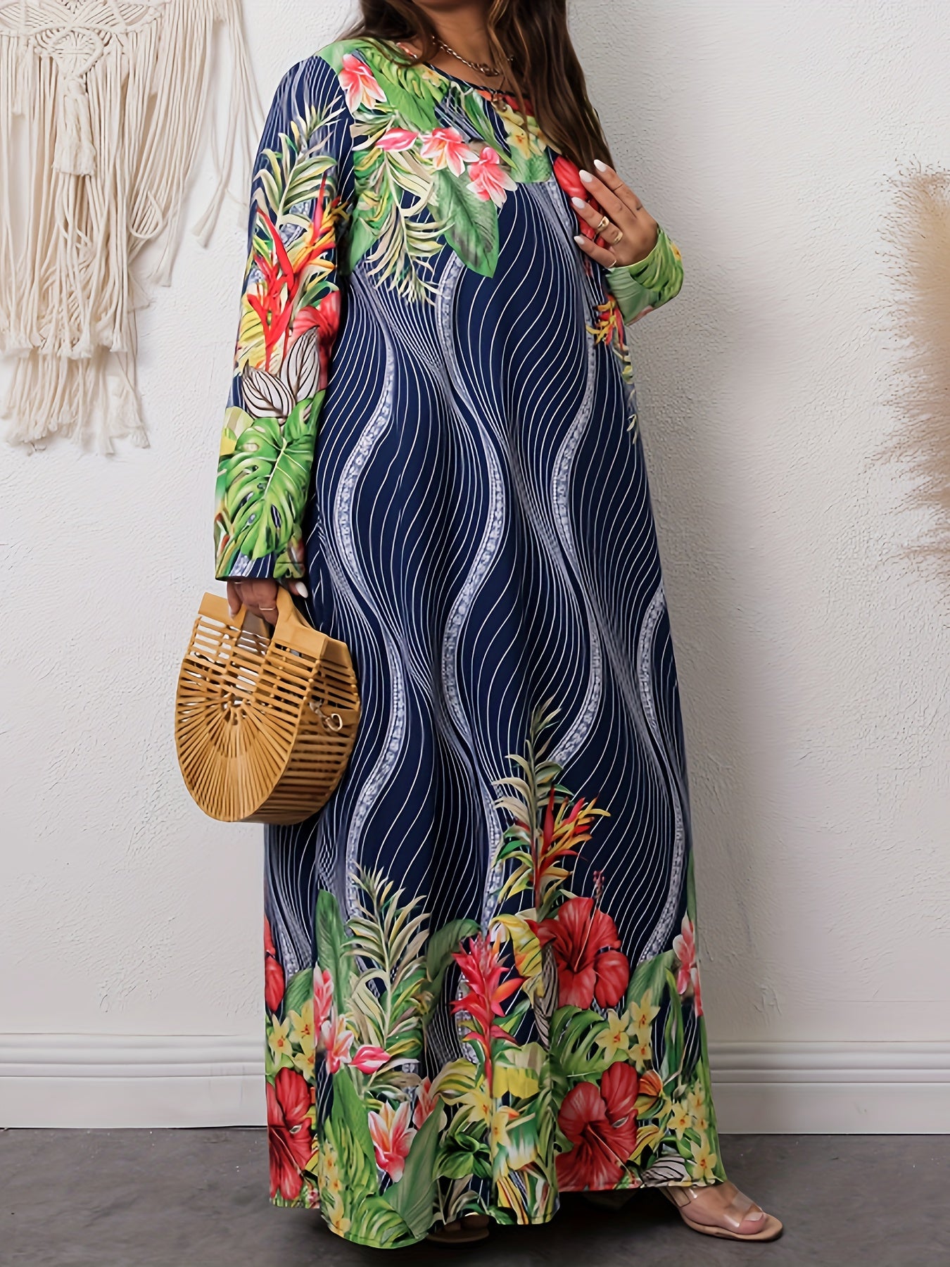  Stripe & Tropical Print Maxi Dress