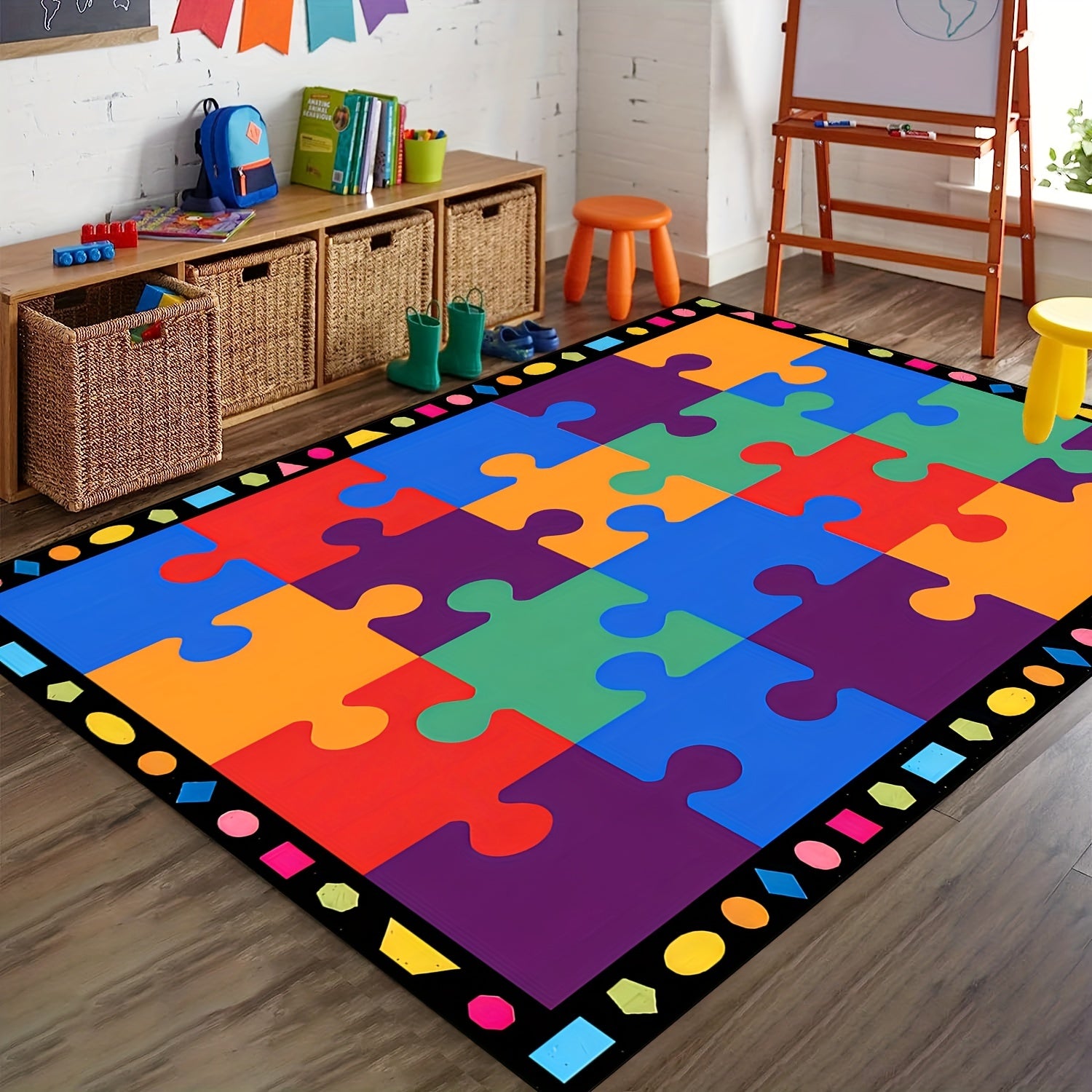 Colorful Puzzle Seating Rug for Nursery School Learning Area