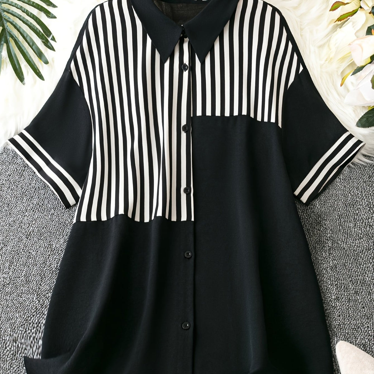  Colorblock Stripe Print Short Sleeve Blouse