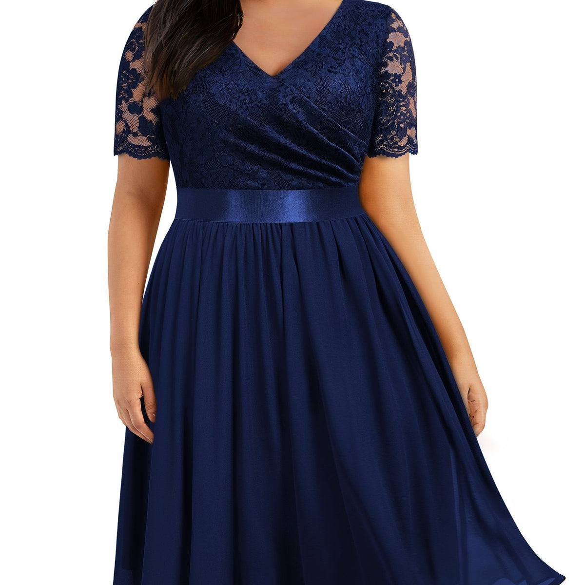  Party Dress Women's Plus Solid Contrast Lace Short Sleeve V Neck