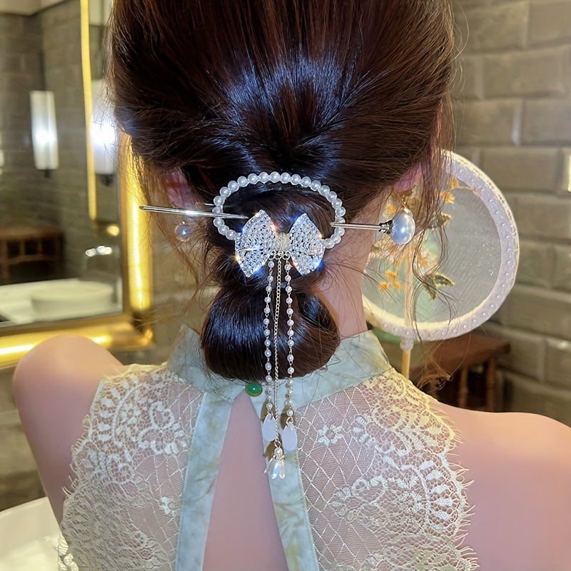 Rhinestone Bow Hairpin w/ Faux Pearl Tassel Glitter Hair Cuff Clip for Ponytail