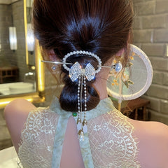 Rhinestone Bow Hairpin w/ Faux Pearl Tassel Glitter Hair Cuff Clip for Ponytail