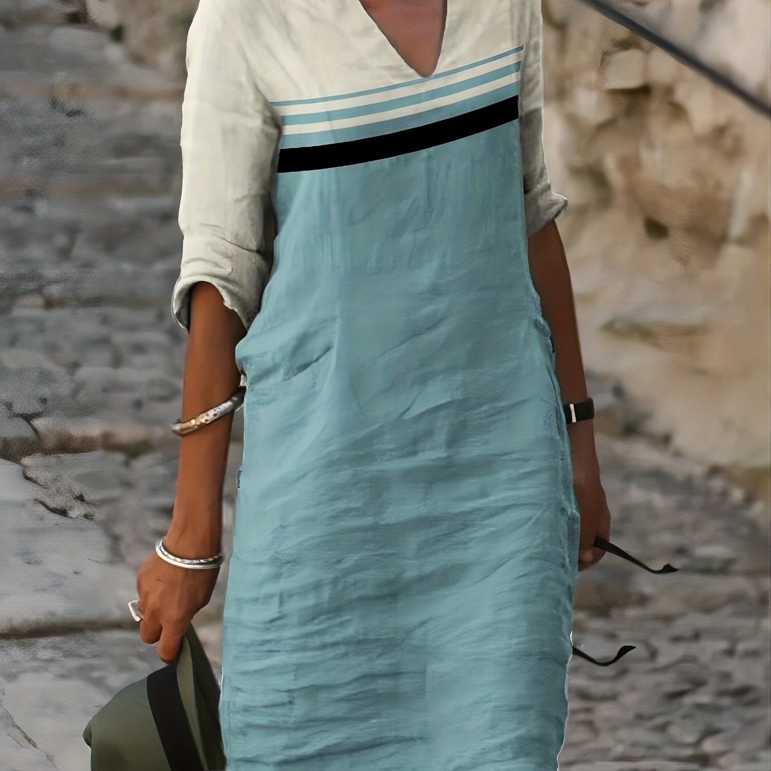  Colorblock Stripe Print Half Sleeve Dress