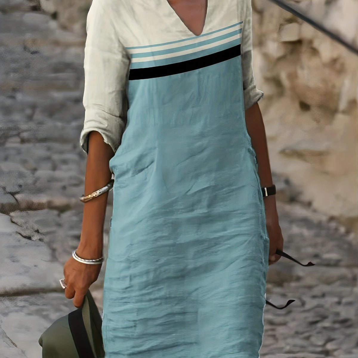  Colorblock Stripe Print Half Sleeve Dress