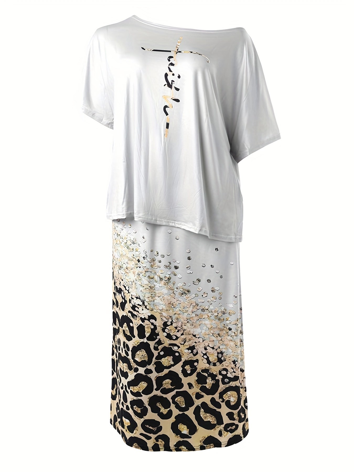  Women's Casual Two Piece Set Letter Print Top & Maxi Skirt