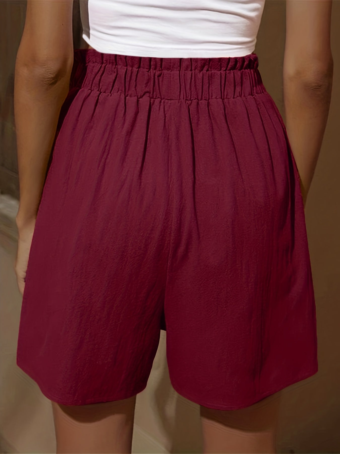 Boho Smocked Shorts Elastic High Waist Ruffle Trim with Pockets