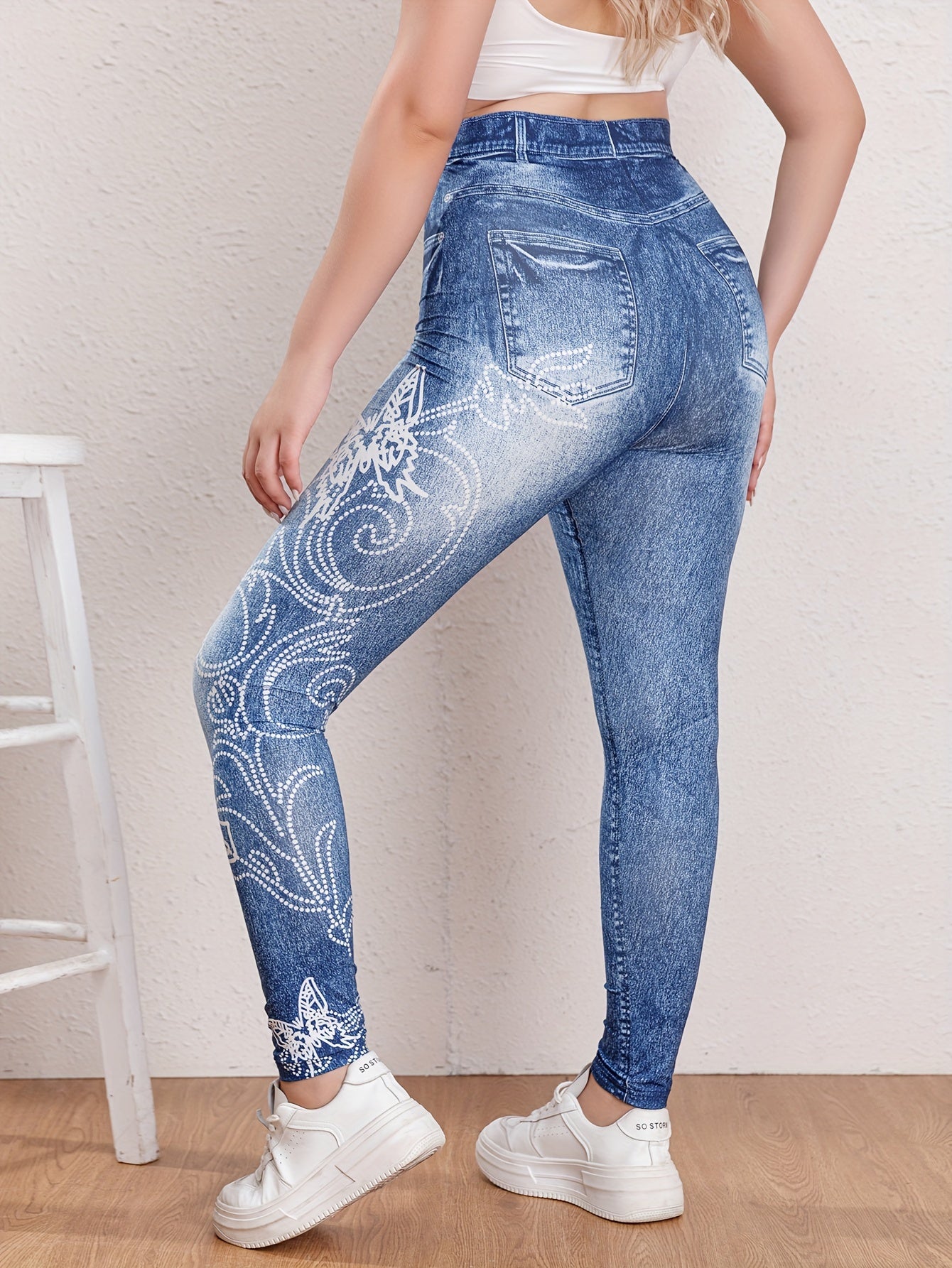  Casual Butterfly & Denim Print High Rise Leggings