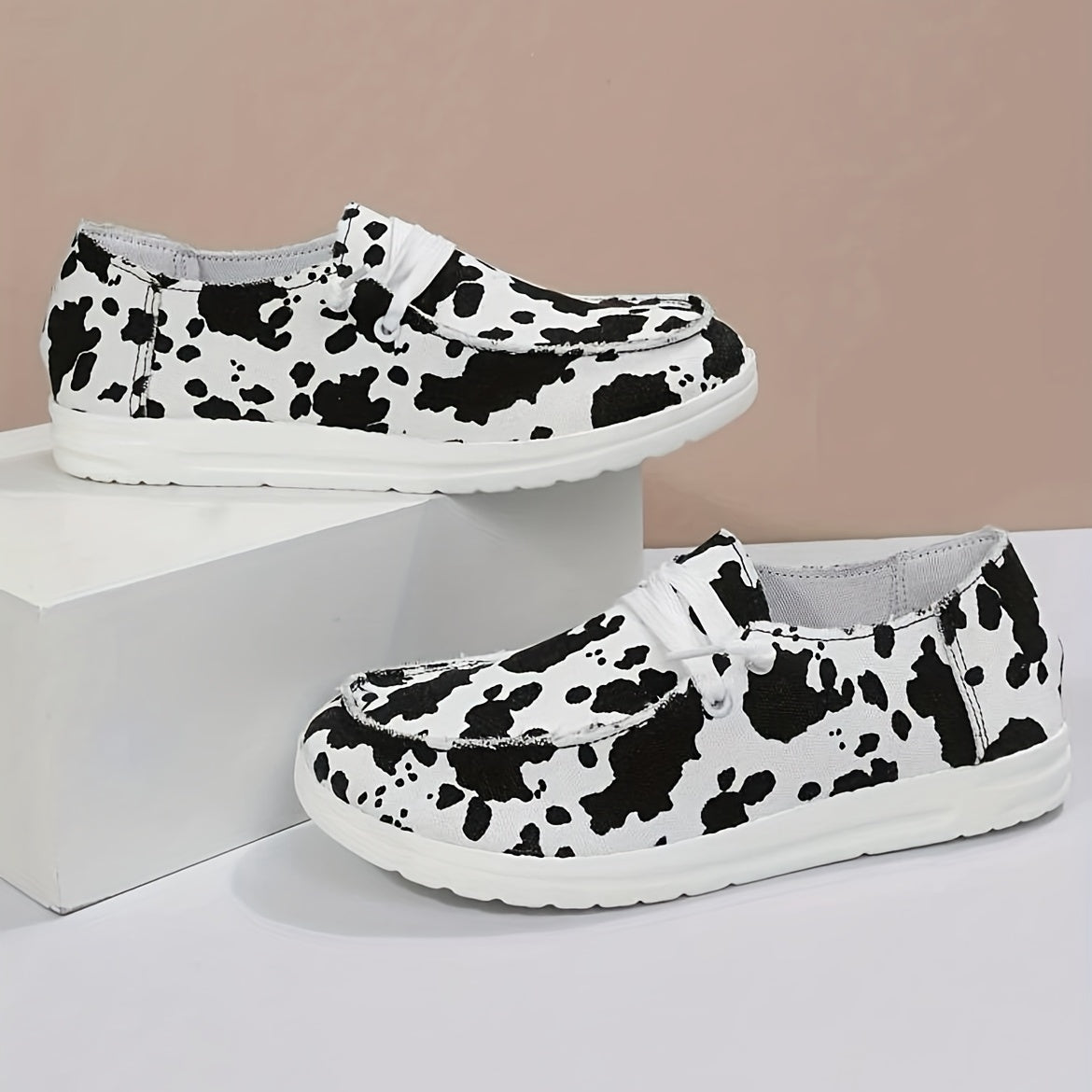 Women's Cow Pattern Canvas Shoes Casual Low Top Lace Up Slip On Walking Shoes