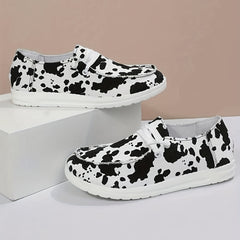Women's Cow Pattern Canvas Shoes Casual Low Top Lace Up Slip On Walking Shoes