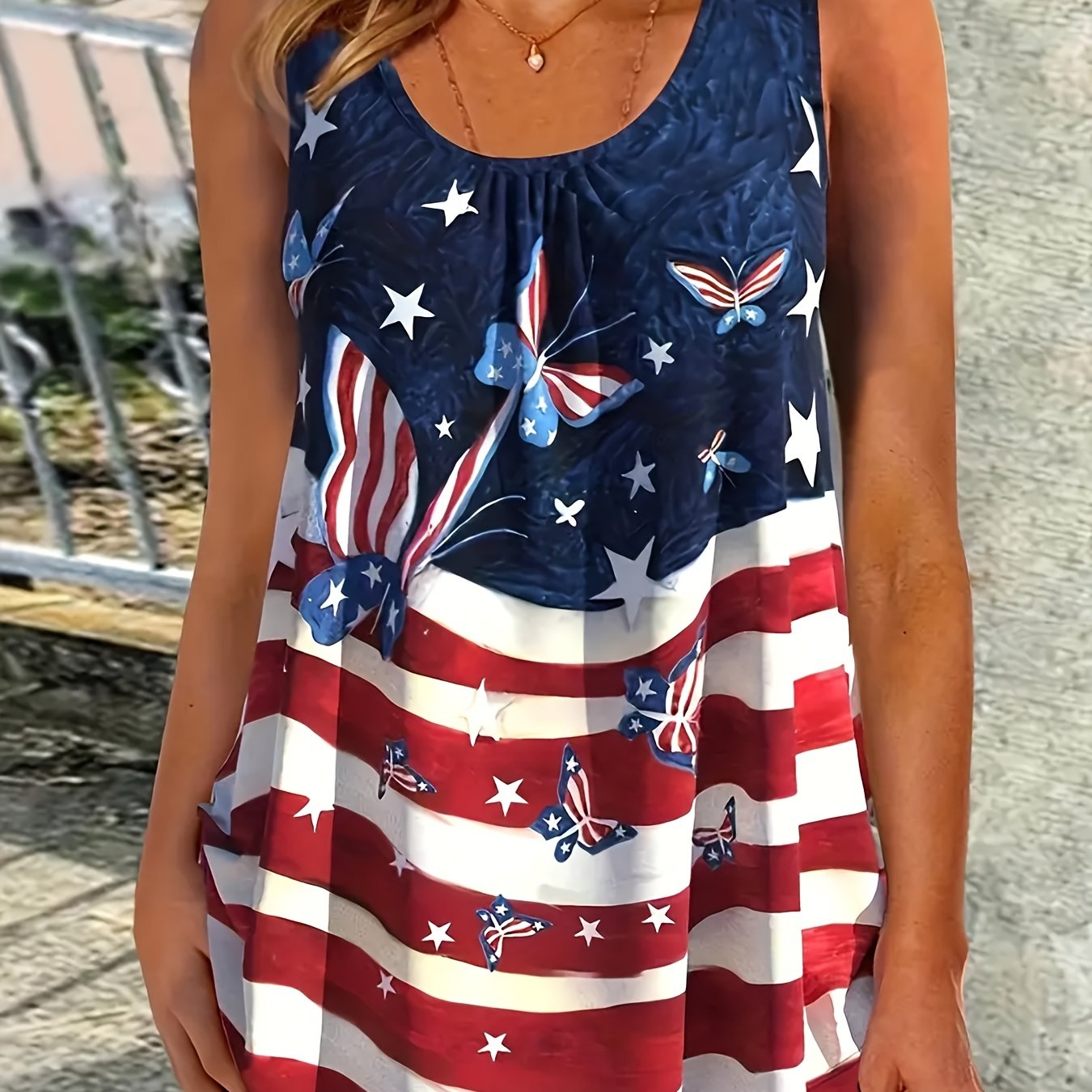 American Flag & Butterfly Print Tank Top