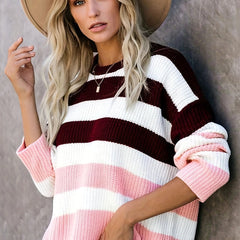  Casual Sweater Women's Plus Stripe Print Long Sleeve Pullover Jumper