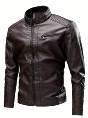 Men's Vintage PU Leather Jacket Stand Collar Zip Up Faux Leather Jacket