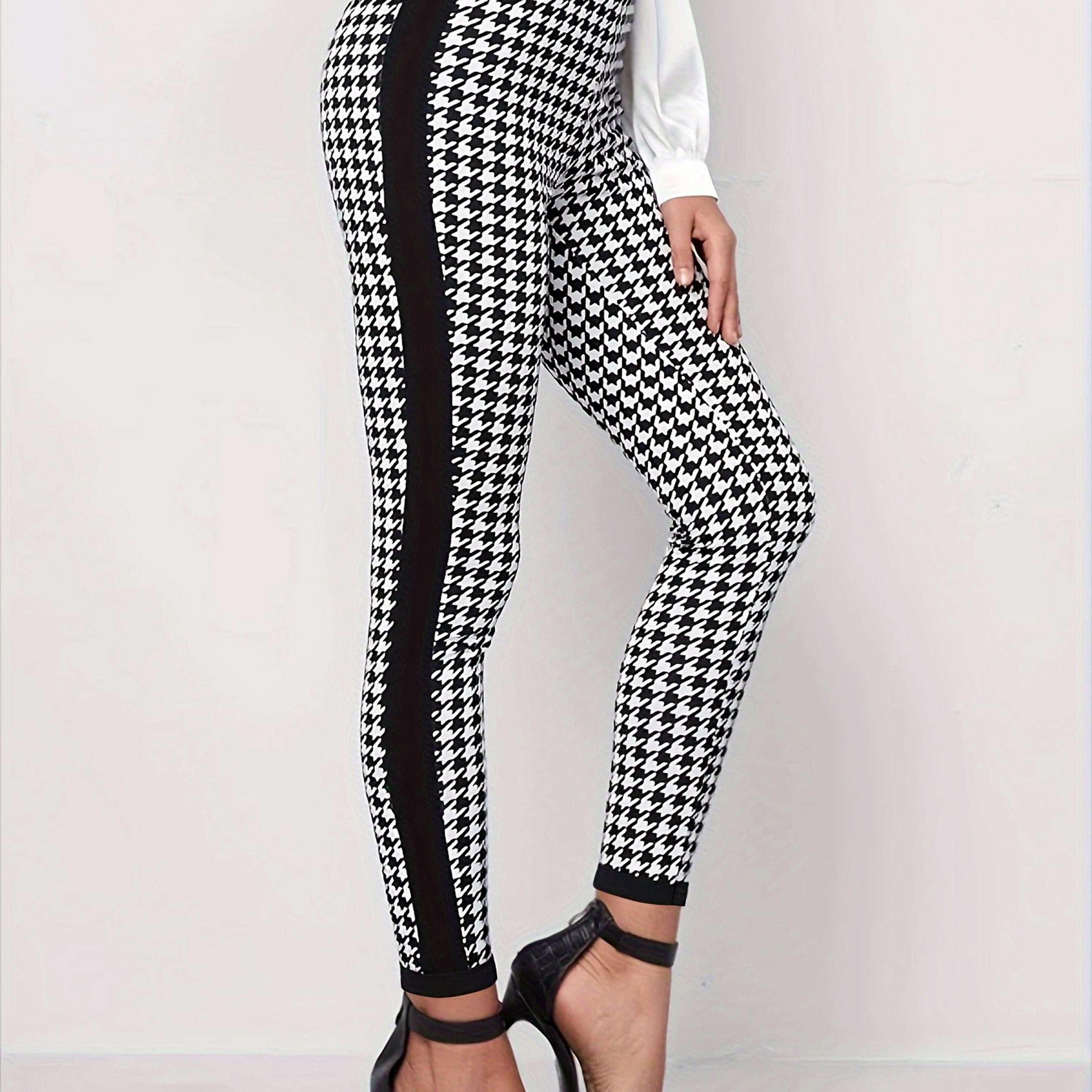  Houndstooth & Striped Print Leggings Medium Stretch Slim Fit